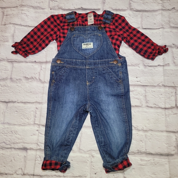 Oshkosh Infant Girl's Buffalo Plaid Print Bodysuit & Denim Jumper - Picture 1 of 9